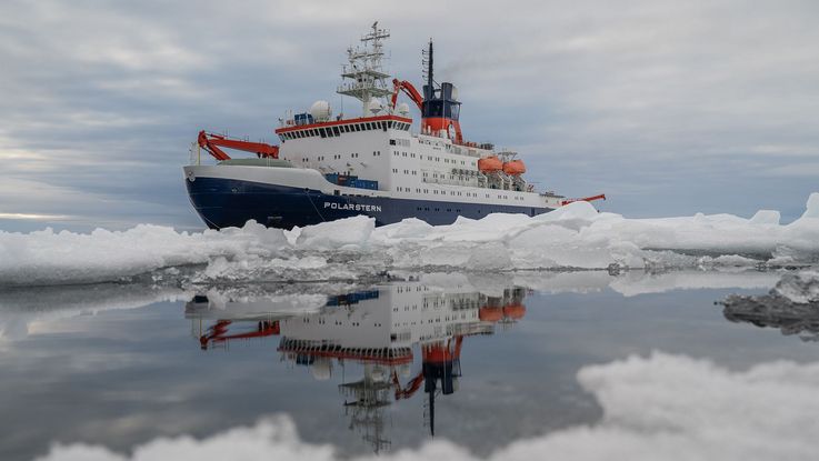 The research vessel Polarstern anchors in the Arctic ice.