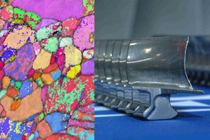 Links: EBSD-Mapping (Electron Beam Secondary Diffraction) eines TiAl-Gefüges. Rechts: Flugturbinen-Verdichterschaufeln. Quelle: GKSS