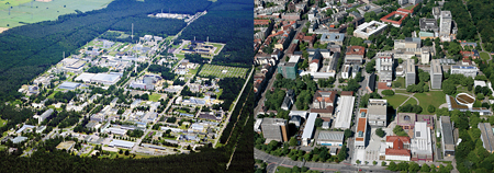 Links im Bild der Campus-Nord des KIT (das frühere Forschungszentrum Karlsruhe), auf der rechten Seite der Campus-Süd des KIT (Universität). Bilder: KIT