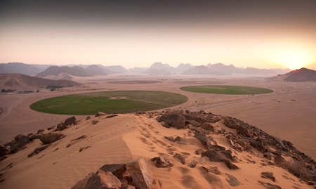 Bewässerung ermöglicht die landwirtschaftliche Nutzung auch von Wüsten, wie in Jordanien. Mit dem Klimawandel wird sich hier der Kampf gegen  Bodenversalzung und Austrocknung noch verschärfen. Bild:...