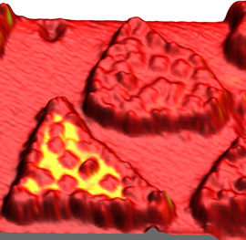 Rastertunnelmikroskopie-Aufnahme (50x50nm2) organischer Moleküle. Die Färbung zeigt die unterschiedliche Spin-Ausrichtung an. Bild: CFN