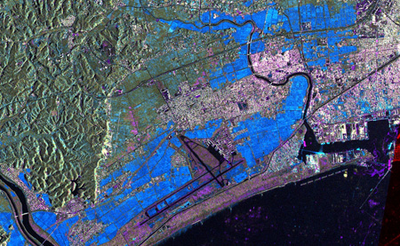 This radar image, obtained with the German Earth-observation satellite TerraSAR-X on 12 March 2011 at 21:43 CET, shows the effect of the tsunami on Higashi-Matsushima Airport and the port of...