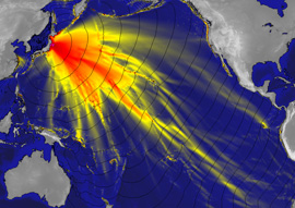 Das Bild zeigt die maximale Tsunamiwellenhöhe, welche sich aus einem GPS basierten Modell des Tohoku Erdbebens ergibt. Bild: A.Hoechner, GFZ