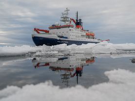 The research vessel Polarstern anchors in the Arctic ice.