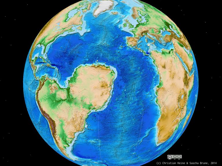 Eine mögliche Topographie der Erde für den Fall, dass Afrika sich entlang des Westafrikanischen Grabensystems in zwei Teile gespalten hätte. Der nordwestliche Teil Afrikas hätte sich gemeinsam mit Südamerika bewegt, was einen "Sahara-Atlantik" geöffnet hätte. Abb.: Sascha Brune/Christian HeineA hypothetical model of the circum-Atlantic region at present-day, if Africa had split into 2 parts along the West African Rift system. Here, the north-west part of present day Africa would have moved with the South American continent, forming a "Saharan Atlantic ocean". Graphics: Sascha Brune/Christian Heine