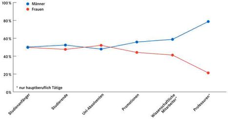 Von Karrierestufe zu Karrierestufe geht es nach unten Der Frauenanteil in der Wissenschaft. Quelle: Statistisches Bundesamt